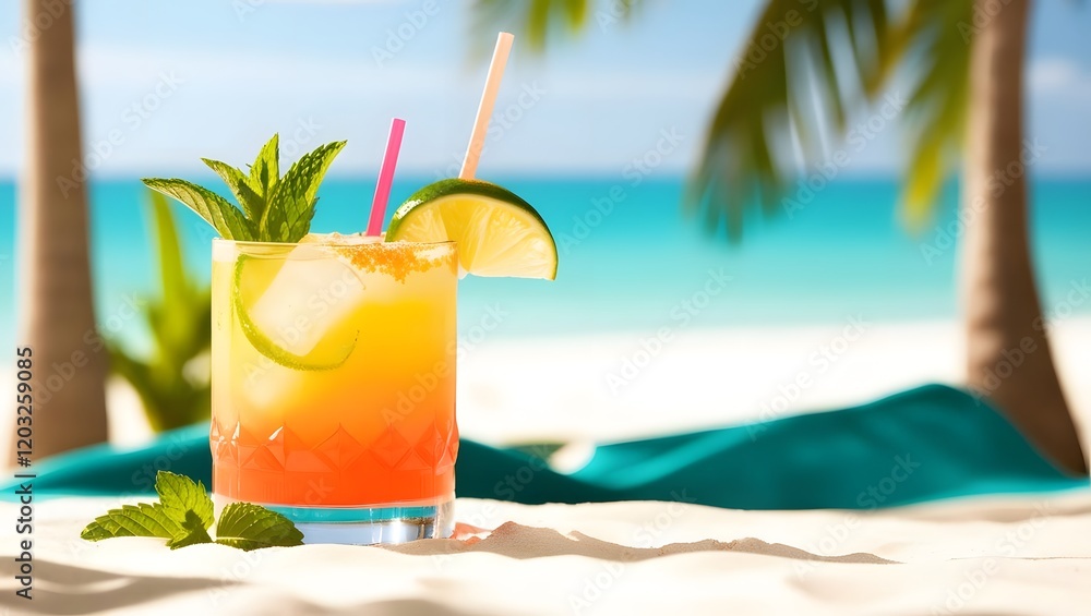 Refreshing tropical drink with mint and lime on sandy beach Refreshing tropical drink with mint and lime on sandy beach