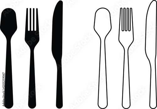 Cutlery icon set. Place Setting Paper Plate, Plastic Fork, Spoon, Knife black line and flat vector collection isolated on transparent background. Utensils meal crockery symbol for food and app