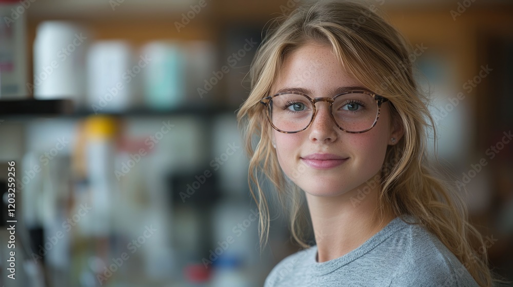 Student, smiling, classroom, lab supplies, education Student, smiling, classroom, lab supplies, education
