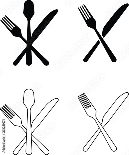 Cutlery icon set. Place Setting Paper Plate, Plastic Fork, Spoon, Knife black line and flat vector collection isolated on transparent background. Utensils meal crockery symbol for food and app