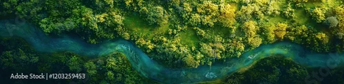 Panel kuchenny z motywem River of Life: An aerial view of a winding river snaking through a vibrant, lush forest, showcasing the intricate beauty of nature's tapestry.