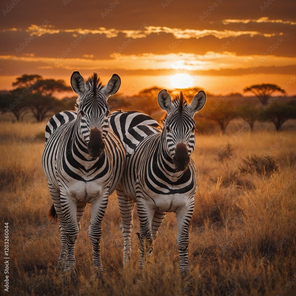 Naklejka premium A pair of zebras standing in a savanna with a bright orange sunset.