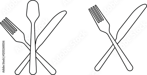 Cutlery icon set. Place Setting Paper Plate, Plastic Fork, Spoon, Knife black line and flat vector collection isolated on transparent background. Utensils meal crockery symbol for food and app