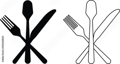 Cutlery icon set. Place Setting Paper Plate, Plastic Fork, Spoon, Knife black line and flat vector collection isolated on transparent background. Utensils meal crockery symbol for food and app