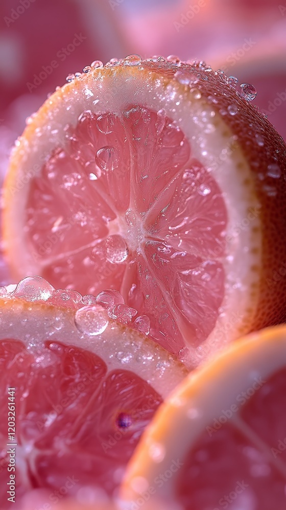 Macro shot of a wet pink grapefruit slice, highlighting freshness and vibrant citrus textures for culinary or health themes. Macro shot of a wet pink grapefruit slice, highlighting freshness and vibrant citrus textures for culinary or health themes.