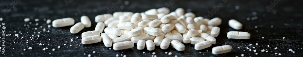 White tablets scattered on a dark surface in a clinical setting White tablets scattered on a dark surface in a clinical setting