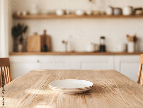 A clean, minimalist kitchen featuring a wooden table with a single plate, evoking a sense of simplicity and warmth.