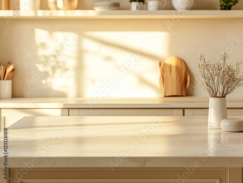 A bright, minimalist kitchen with modern decor, featuring soft natural light illuminating a clean countertop and stylish pottery.