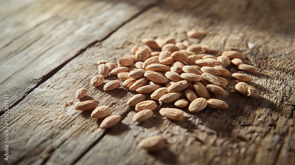 Almond seeds displayed on a wooden table background Almond seeds displayed on a wooden table background