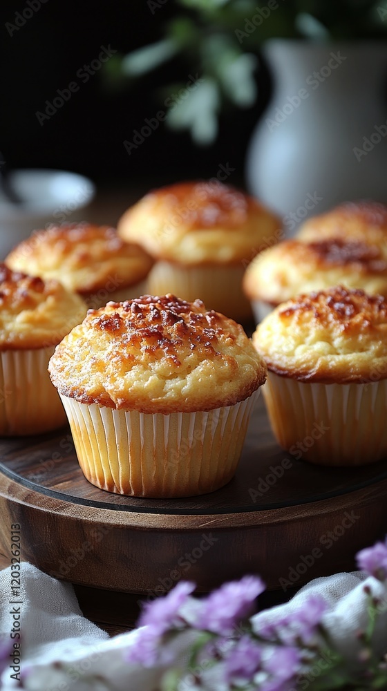Golden muffins displayed on a wooden plate, surrounded by rustic decor and soft lighting, creating a warm, inviting atmosphere. Golden muffins displayed on a wooden plate, surrounded by rustic decor and soft lighting, creating a warm, inviting atmosphere.