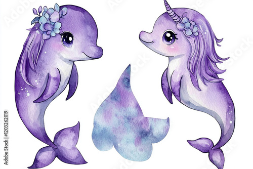 The image features two purple dolphins, one with a unicorn horn and flowers in its hair, and the other with a flower crown