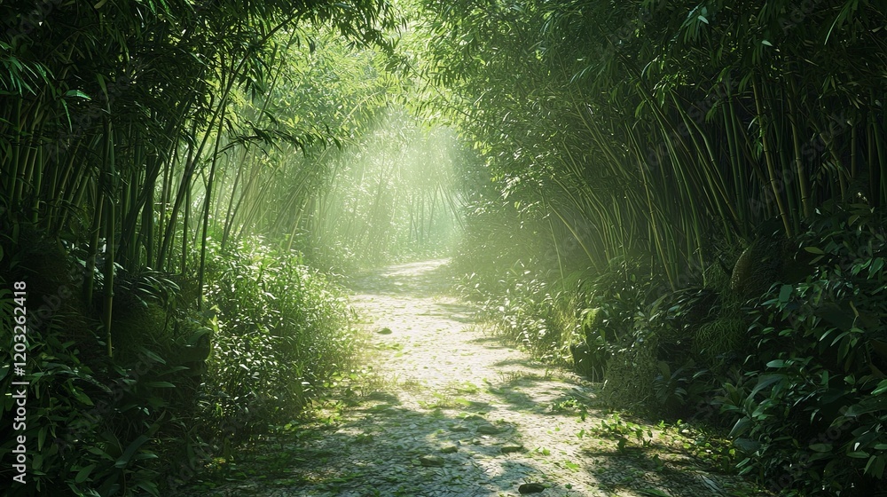 Fototapeta premium A scenic trail through a dense bamboo forest with dappled sunlight