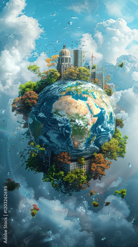 Develop a striking visual featuring a side view of a globe surrounded by impactful graphics representing various environmental policies Use dynamic typography to emphasize Develop a striking visual featuring a side view of a globe surrounded by impactful graphics representing various environmental policies Use dynamic typography to emphasize