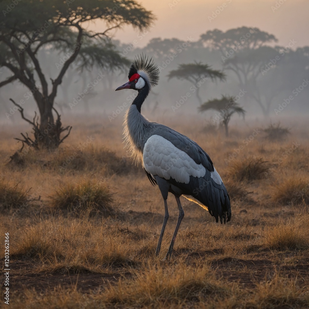 Obraz premium A crested crane walking gracefully through a misty African savanna at dawn.