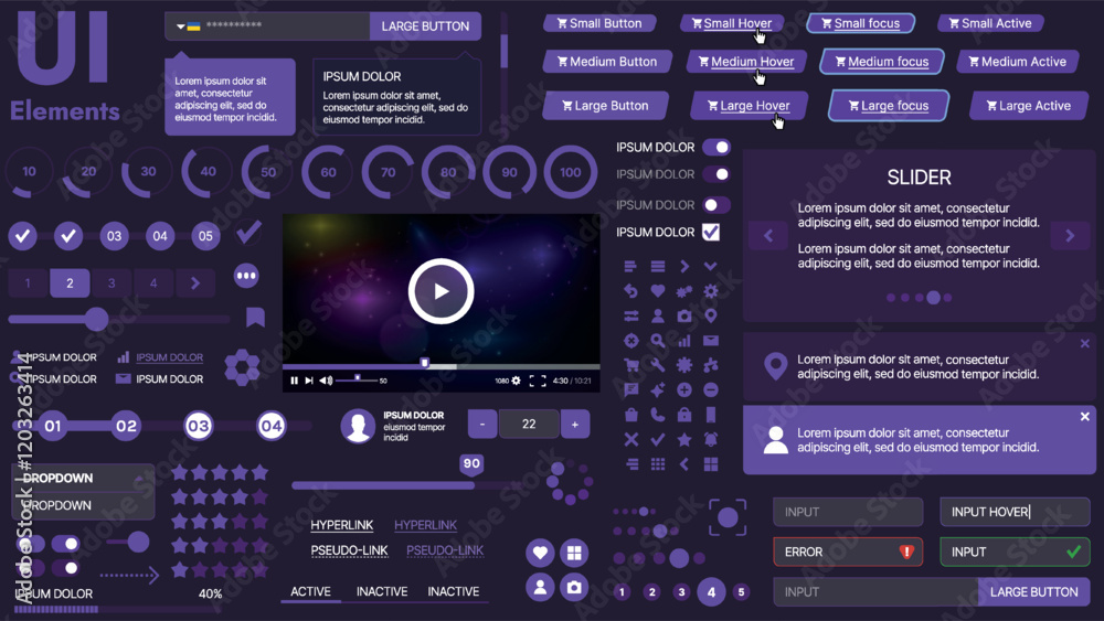 Fototapeta premium A modern UI kit featuring a collection of buttons, icons, navigation menus, and responsive design elements. Includes login forms, media players, search bars, and calendars, ideal for apps, websites