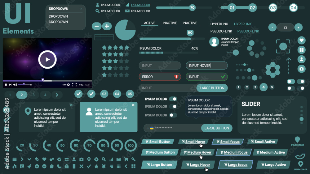 Fototapeta premium A modern UI kit featuring a collection of buttons, icons, navigation menus, and responsive design elements. Includes login forms, media players, search bars, and calendars, ideal for apps, websites