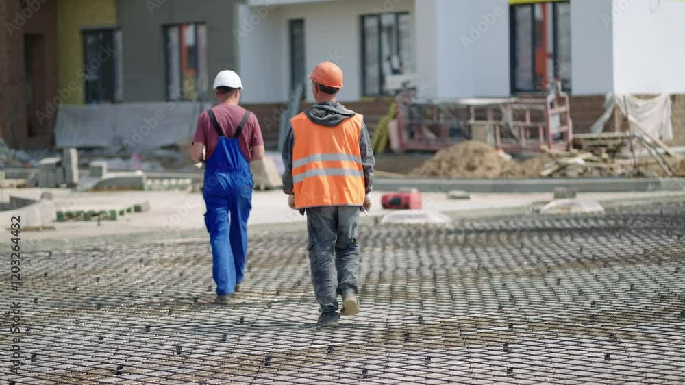 Two construction workers walk together on a site, highlighting the importance of teamwork and safety Two construction workers walk together on a site, highlighting the importance of teamwork and safety