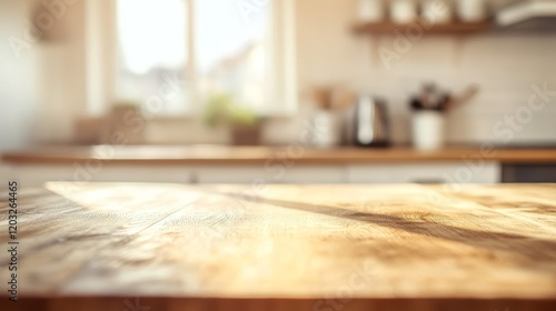 Sunlit wooden countertop in a modern kitchen with blurred background, creating a warm and inviting ambiance.