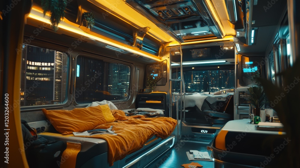 Fototapeta premium Modern van interior at night with city view, featuring a cozy bed and ambient lighting for comfortable urban living.