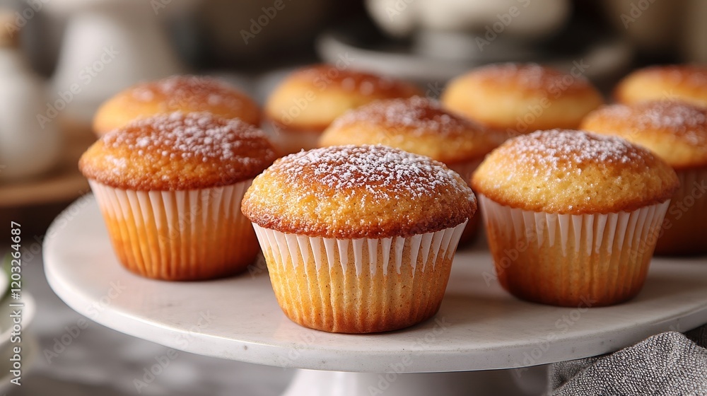 Golden brown muffins dusted with powdered sugar, beautifully arranged on an elegant marble cake stand, perfect for breakfast or dessert. Golden brown muffins dusted with powdered sugar, beautifully arranged on an elegant marble cake stand, perfect for breakfast or dessert.