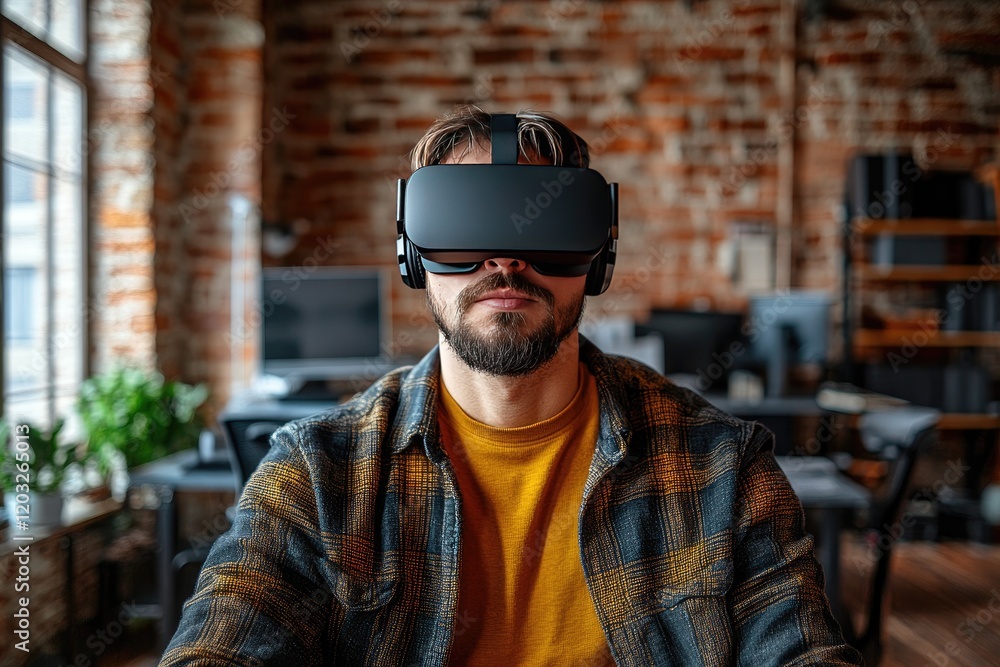 Man Experiencing Virtual Reality with VR Headset in Modern Office Setting Man Experiencing Virtual Reality with VR Headset in Modern Office Setting