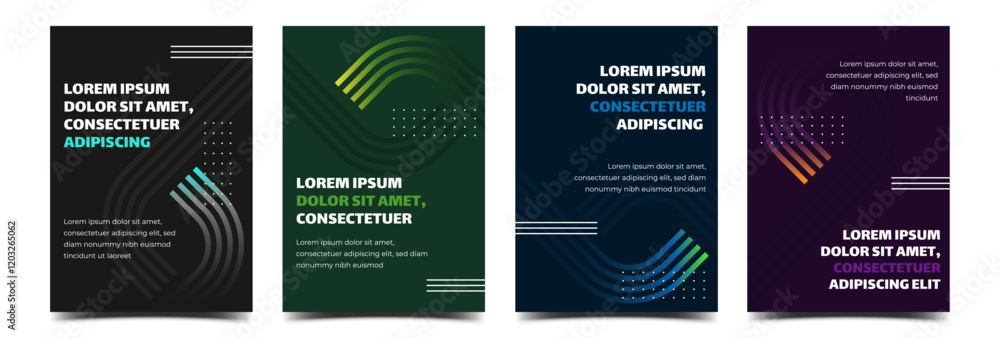 Set of modern banner designs featuring vibrant gradient shape and minimalistic typography on dark backgrounds. Usable for social media post, cover, poster, card, banner