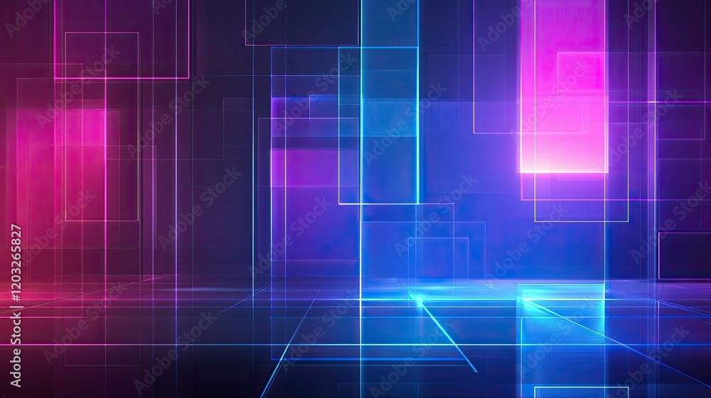Abstract Neon Geometric Digital Background, Vibrant neon abstract design with overlapping glowing rectangles and lines in blue and pink hues on a dark gradient background.
Abstract Neon Geometric Digital Background, Vibrant neon abstract design with overlapping glowing rectangles and lines in blue and pink hues on a dark gradient background.