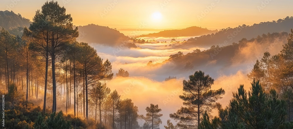 Fototapeta premium Sunrise over misty mountain forest. Peaceful nature scene. Scenic wallpaper