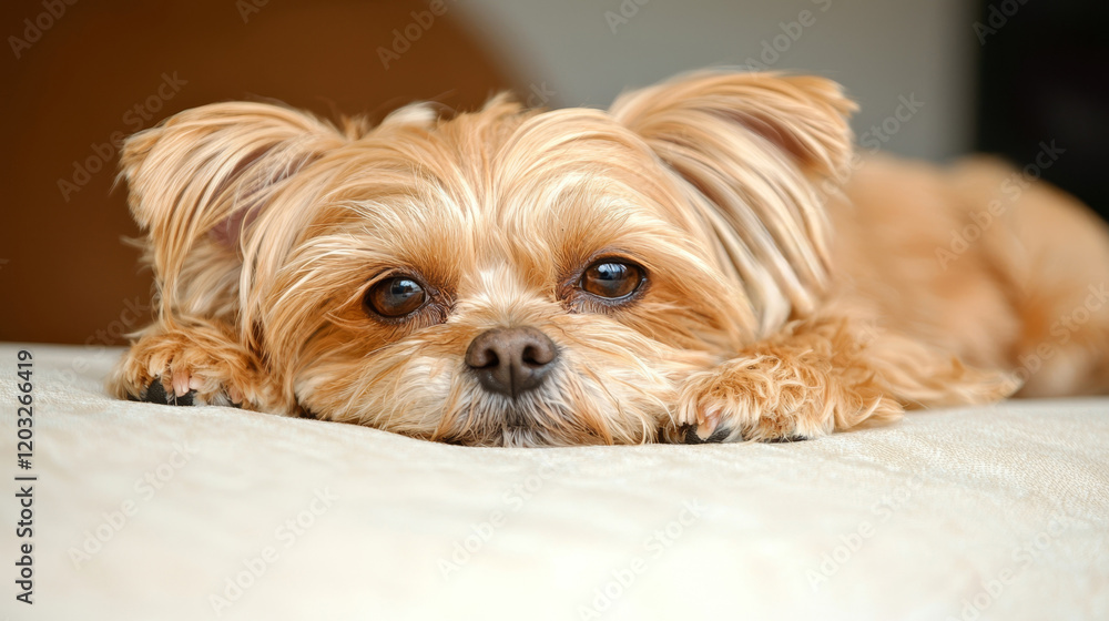 Fluffy brown dog resting peacefully on a soft surface. Fluffy brown dog resting peacefully on a soft surface.