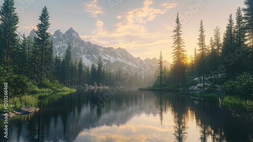 Wallpaper Mural A serene sunrise over a glassy mountain lake surrounded by evergreen trees. Torontodigital.ca