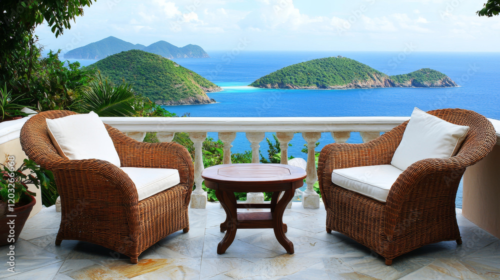 Naklejka premium Ocean view patio; wicker chairs, table, tranquil scene.