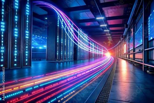 Data Stream in Server Room: Vibrant streaks of light, representing data flow, surge through a modern server room, highlighting the power and speed of digital technology.