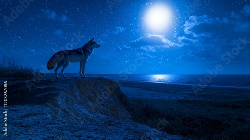 Lone Wolf Howling at the Moonlit Ocean