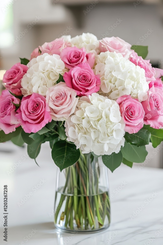 Obraz premium Elegant Bouquet of Pink Roses and White Hydrangeas in Glass Vase on Marble Table