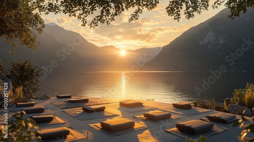 A serene yoga retreat by a mountain lake, with mats arranged in a semi-circle under the sunrise. photo