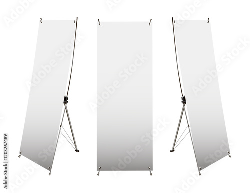X banner stand mockup.  Empty standing banner displays isolated over white background 