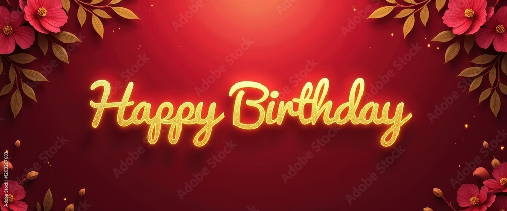 Happy Birthday glowing in golden light on a rich crimson background with elegant floral patterns. Happy Birthday glowing in golden light on a rich crimson background with elegant floral patterns.