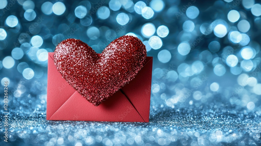 Fototapeta premium Red heart in envelope, blue bokeh background, Valentine's Day theme