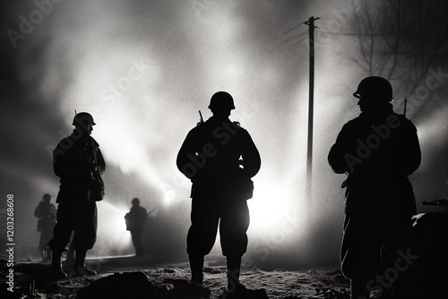 a dark silhouette of a group of soldiers at night in the spotlight, fog. photo