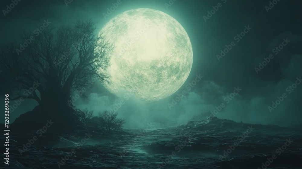 Fototapeta premium On a moonlit night, the ancient trees are shrouded in dim moonlight