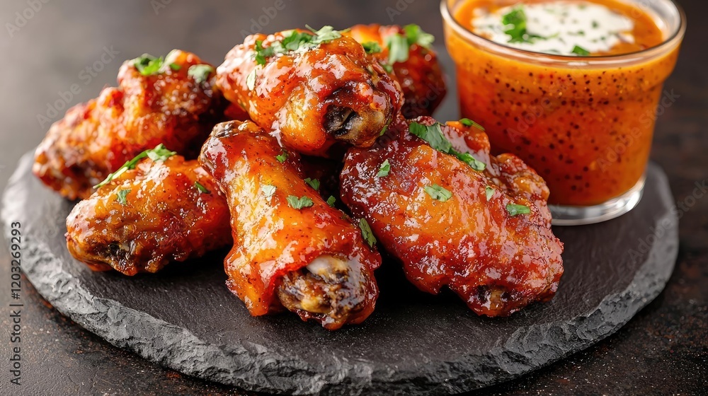 Spicy BBQ chicken wings with mango sauce, close-up shot, food photography, recipe illustration