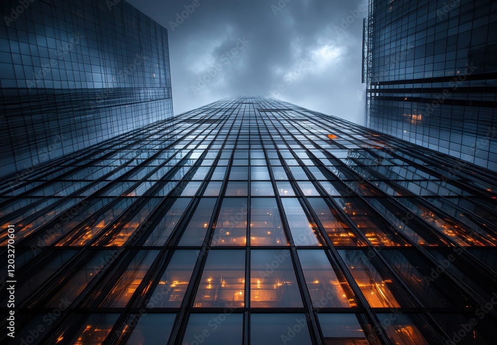 custom made wallpaper toronto digitalA Dramatic Perspective of Tall Modern Skyscrapers Under Brooding Dark Clouds with Illuminated Windows Glowing in the Early Evening Ambient Light