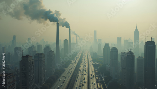 Urban Smog Pollution Aerial View Cityscape Highway Traffic Industrial Emissions photo