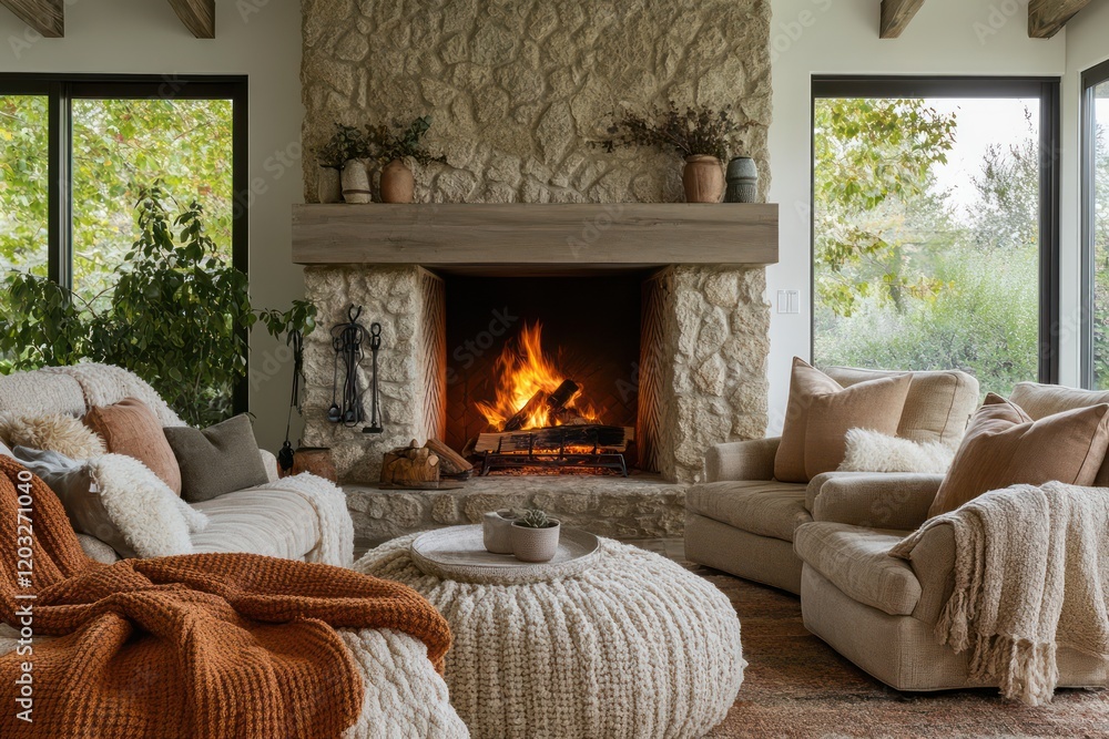 Fototapeta premium A cozy family room with a stone fireplace, oversized armchairs, and layered textiles in calming colors