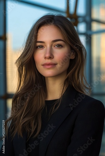 Confident Young Businesswoman Posing in Modern Office Environment with Warm Natural Light and Stylish Attire  Portrait Capture Emphasizing Professionalism and Approachability