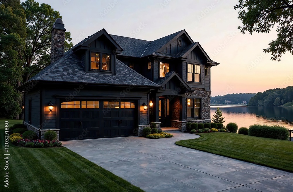 A luxurious black and white house with a two-car garage and a black door, professional landscaping and a lake in the background at sunset. A luxurious black and white house with a two-car garage and a black door, professional landscaping and a lake in the background at sunset.