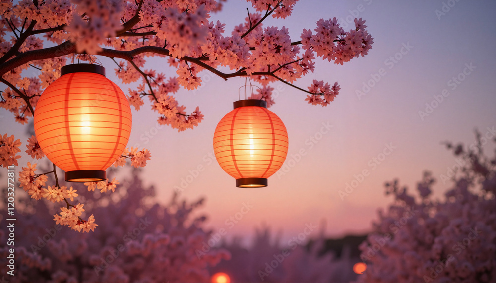 Fototapeta premium Glowing lanterns hanging from cherry blossom branches at dusk, tranquility