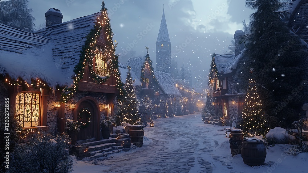 A snowy village with cobblestone streets, festive decorations, and glowing lanterns. A snowy village with cobblestone streets, festive decorations, and glowing lanterns.