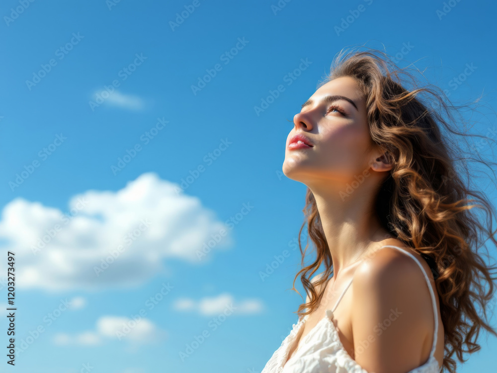 Woman with long hair is standing in the sun, looking up at the sky Woman with long hair is standing in the sun, looking up at the sky