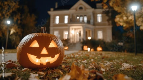 Halloween Night with Glowing Jack-O'-Lantern in Front of Spooky Mansion photo